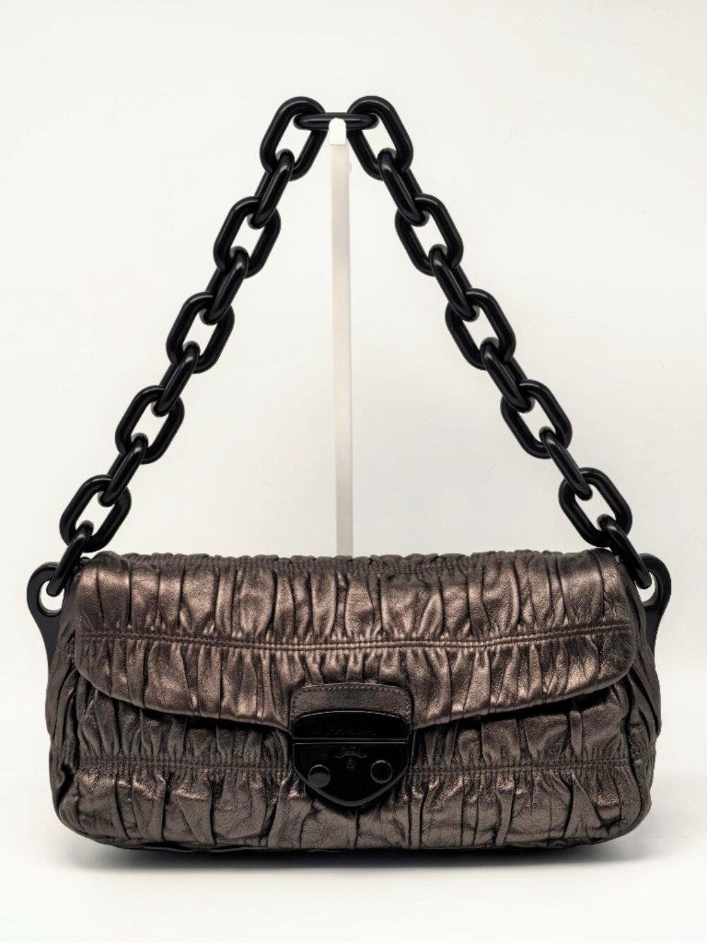Prada Gaufre Metallic Leather Chain Shoulder Bag Black Hardware w/ Dust Bag